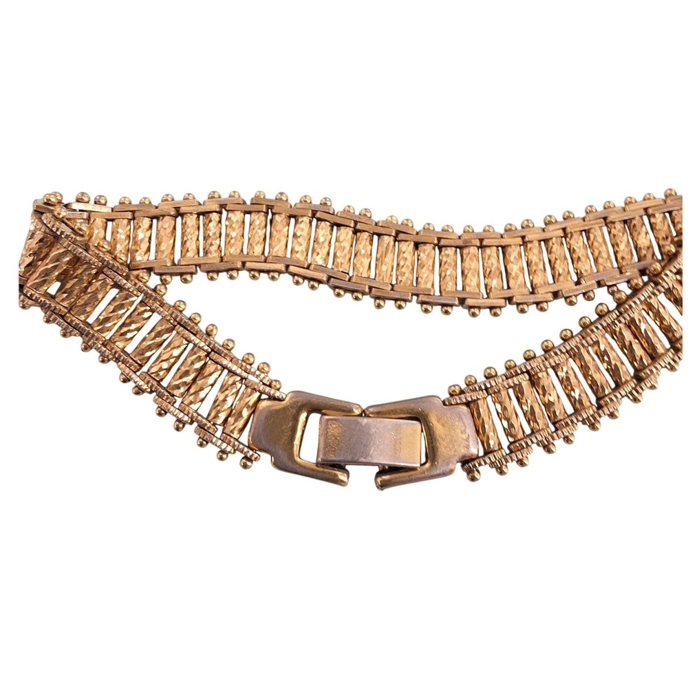 Vintage Gold Tone Gate Link Bracelet Diamond Cut Textured Wide Panel Beaded Edge